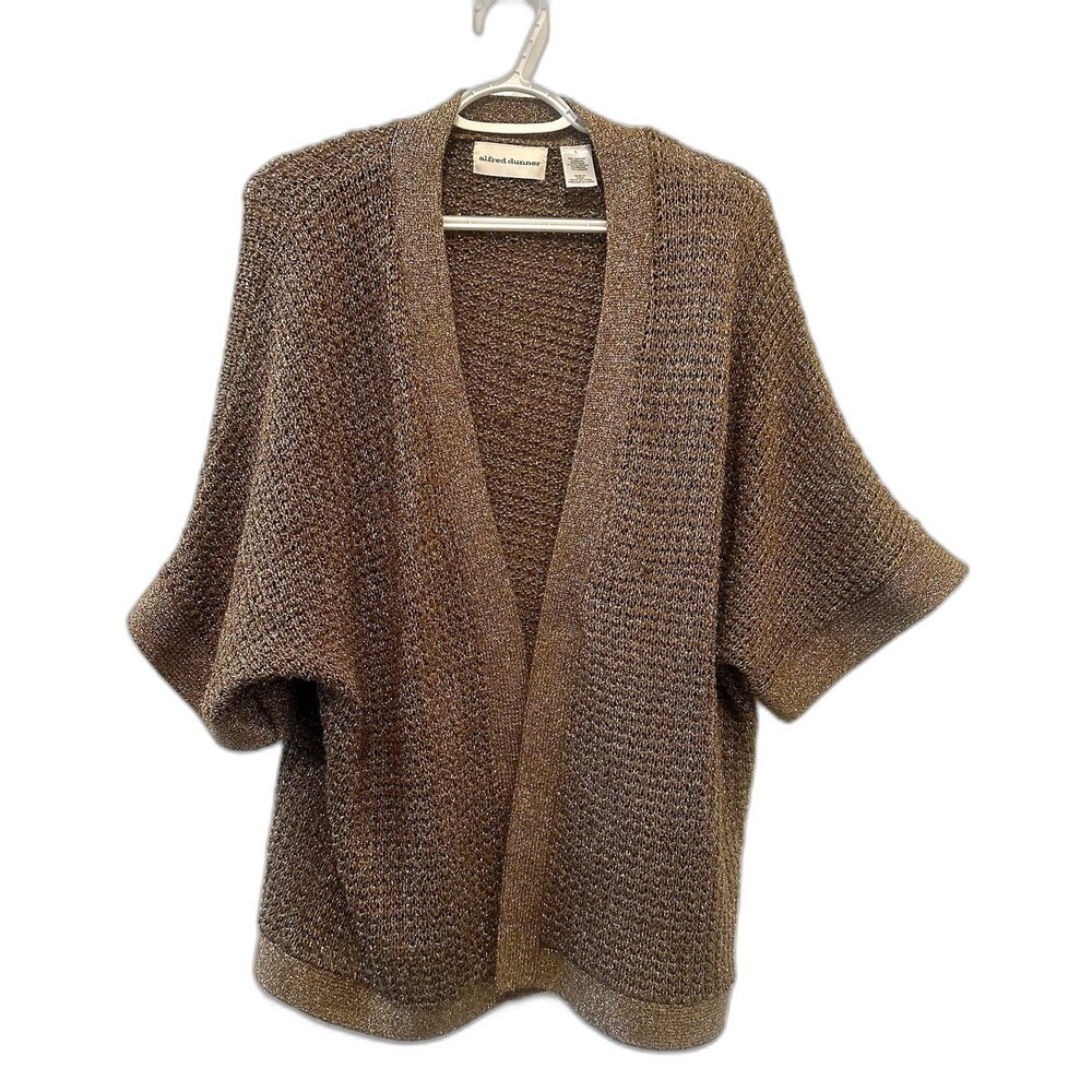 Alfred Dunner Large Gold Lurex Open Front Cardigan Shrug Metallic Cocoon Sweater